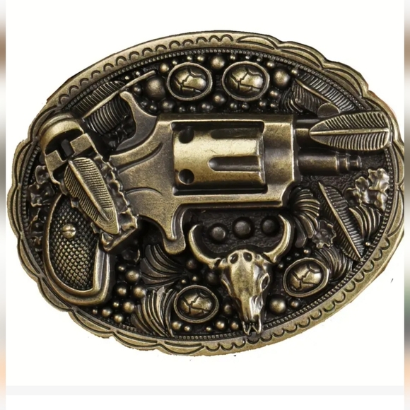 Western faux revolver pistol theme feathers Longhorn bull belt buckle - Picture 2 of 5